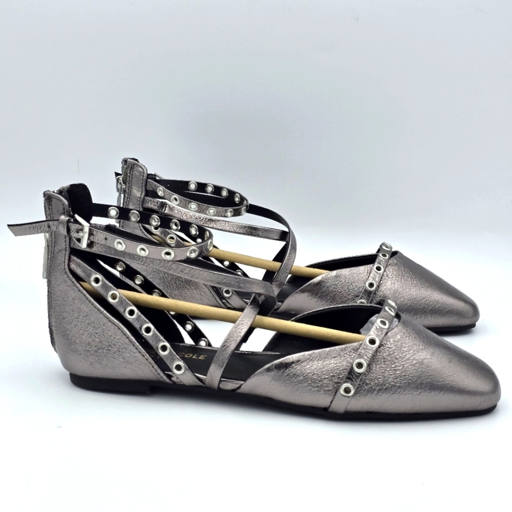 NWOT Kenneth Cole New York Mason Strappy Stud Ballet Flats, Pewter, Women's 5.5M